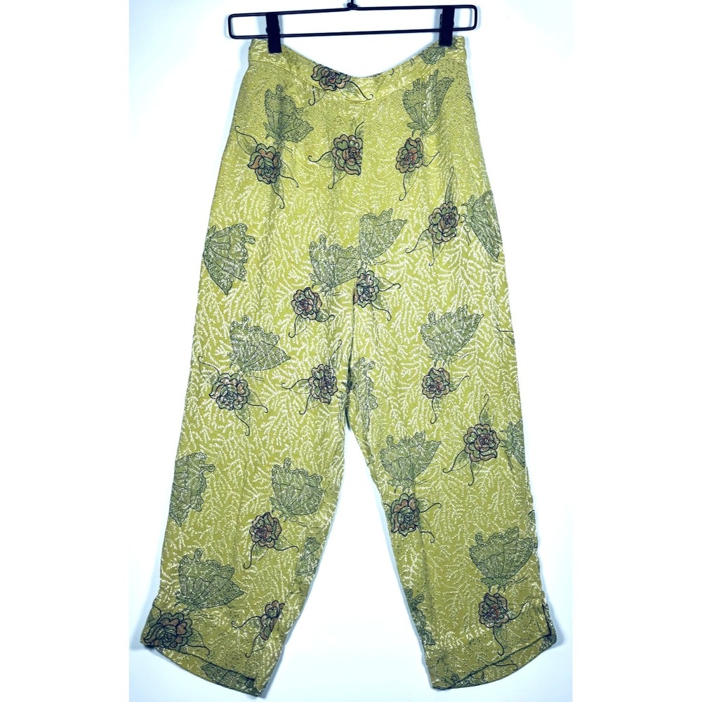 Citron Santa Monica‎ Pants Womens Medium Green Butterfly Floral Rayon Textured